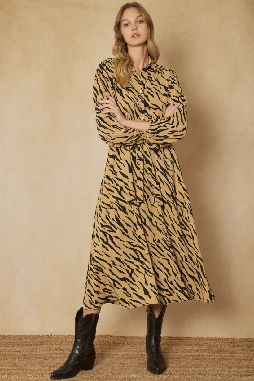 Entro Camel And Black Zebra Print Button Up Maxi Dress With Pockets