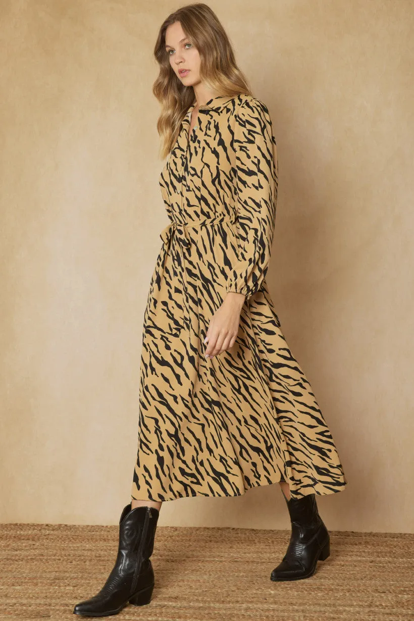 Entro Camel And Black Zebra Print Button Up Maxi Dress With Pockets