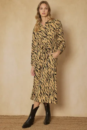 Entro Camel And Black Zebra Print Button Up Maxi Dress With Pockets