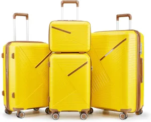 Expandable Lightweight Luggage Set, 4 Piece (14/20/24/28) with 360 Double Spinner Wheels, Durable Polypropylene, Yellow