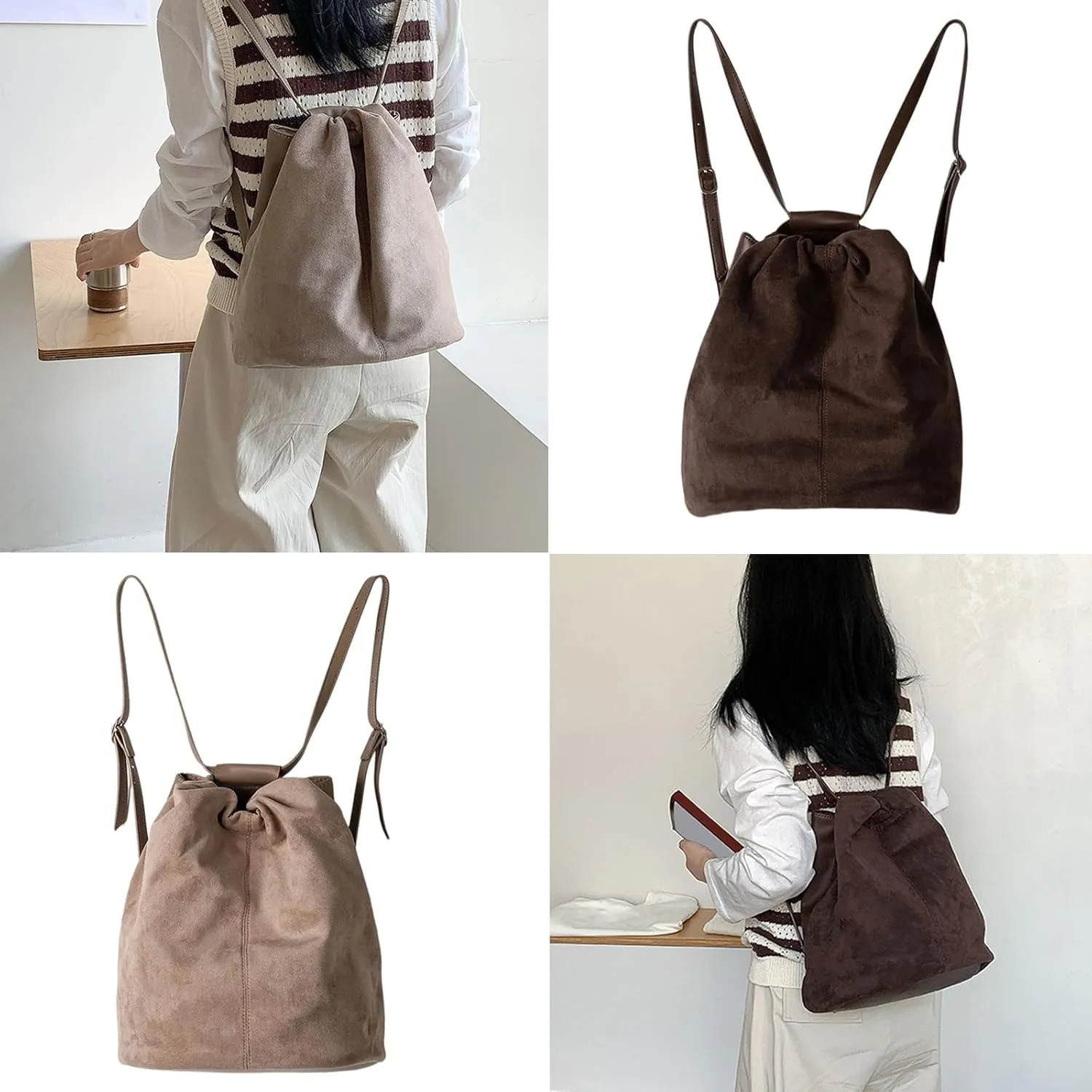 Fashion Bucket Bags Backpack For Women Drawstring Shoulder Bag Handbag with Detachable Strap Large Capacity Daycpack shoulder handbag