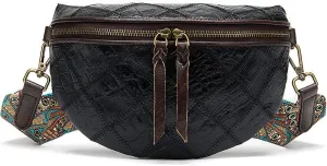 Fashion Waist Packs for Women Genuine Leather Fanny Packs Patchwork Chest Bag Retro Shoulder Bag Crossbody Bag Purse, Black, One Size