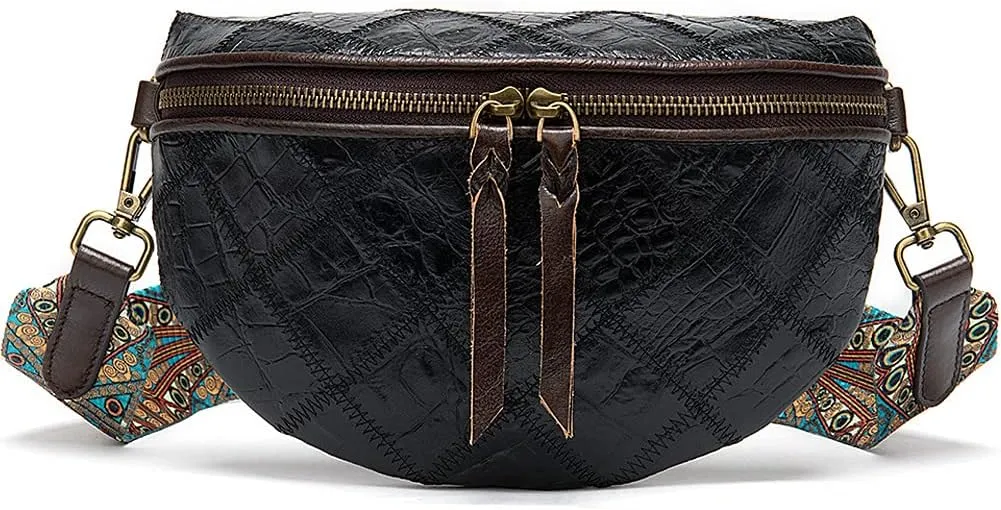 Fashion Waist Packs for Women Genuine Leather Fanny Packs Patchwork Chest Bag Retro Shoulder Bag Crossbody Bag Purse, Black, One Size