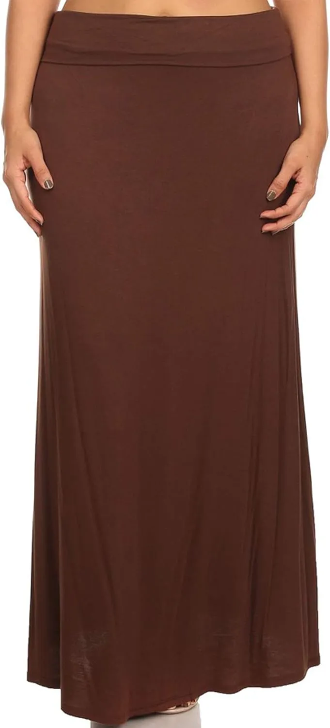 FashionStream Women's Plus Size High Waist Foldable Elastic Band Relaxed Fit Solid Maxi Skirt