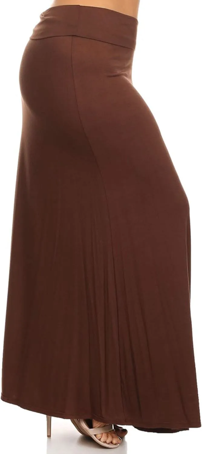 FashionStream Women's Plus Size High Waist Foldable Elastic Band Relaxed Fit Solid Maxi Skirt