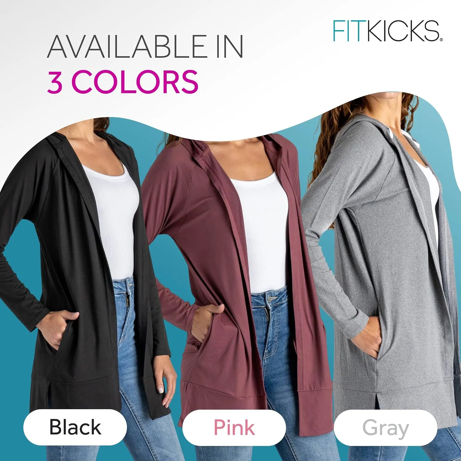 FITKICKS Everywear Lightweight Cardigan Relaxed Hooded Tunic Sweater with Deep Side Pockets Cardigan for Women, Girls