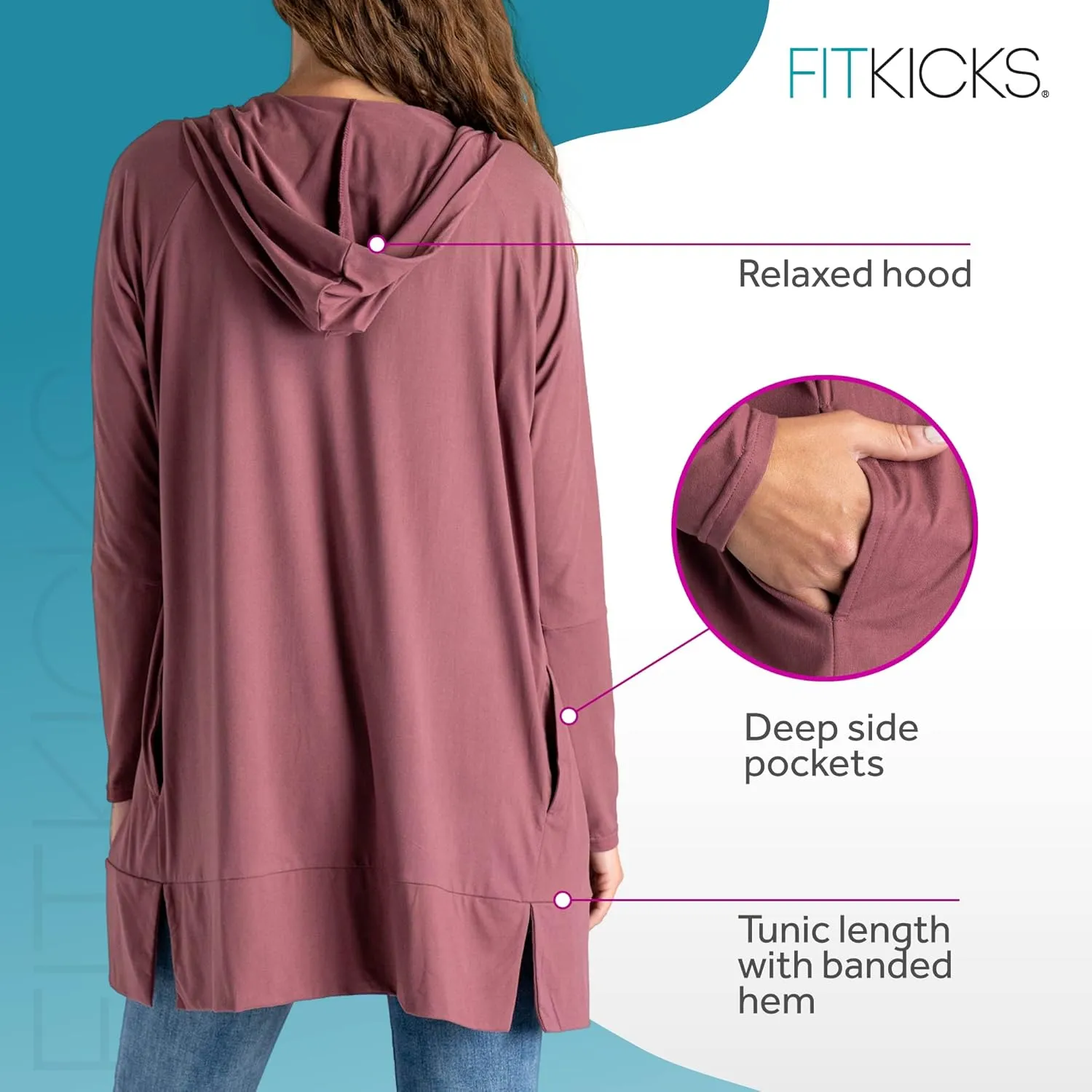 FITKICKS Everywear Lightweight Cardigan Relaxed Hooded Tunic Sweater with Deep Side Pockets Cardigan for Women, Girls
