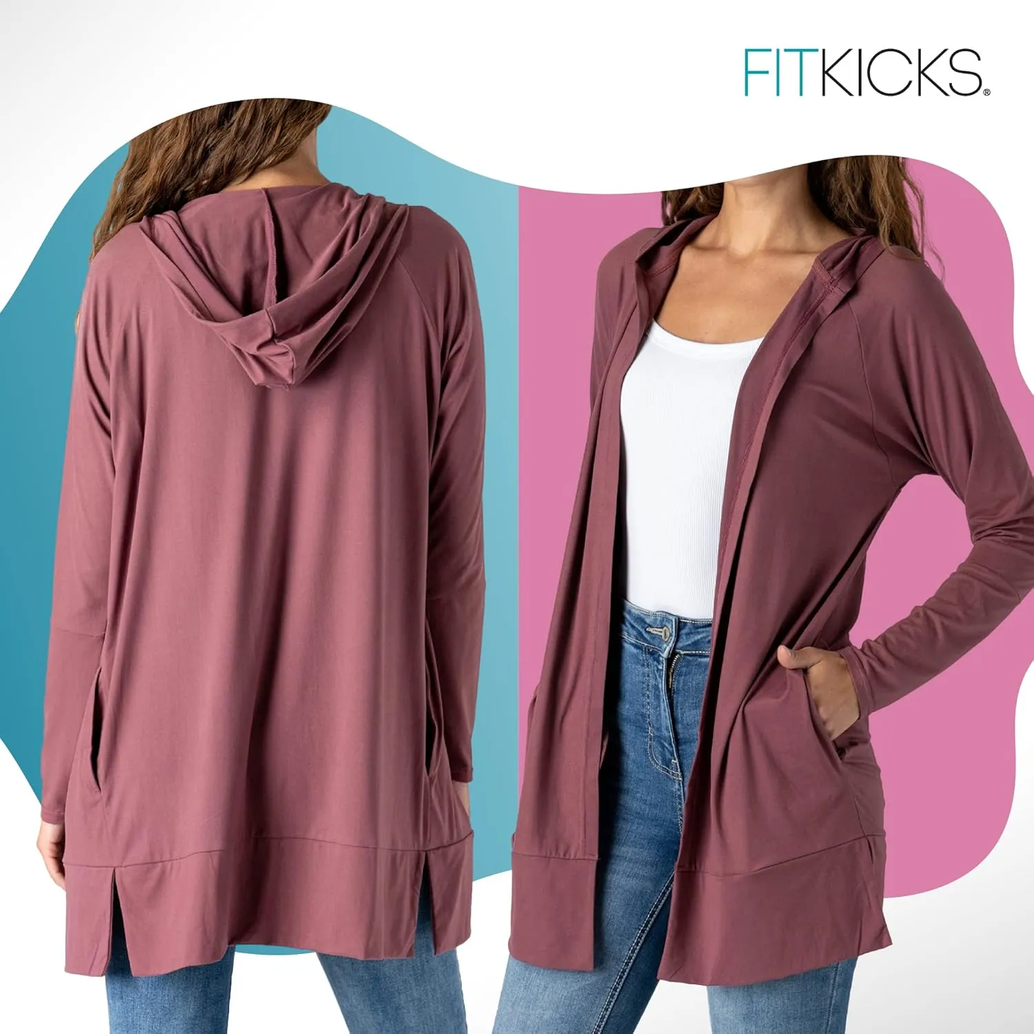 FITKICKS Everywear Lightweight Cardigan Relaxed Hooded Tunic Sweater with Deep Side Pockets Cardigan for Women, Girls