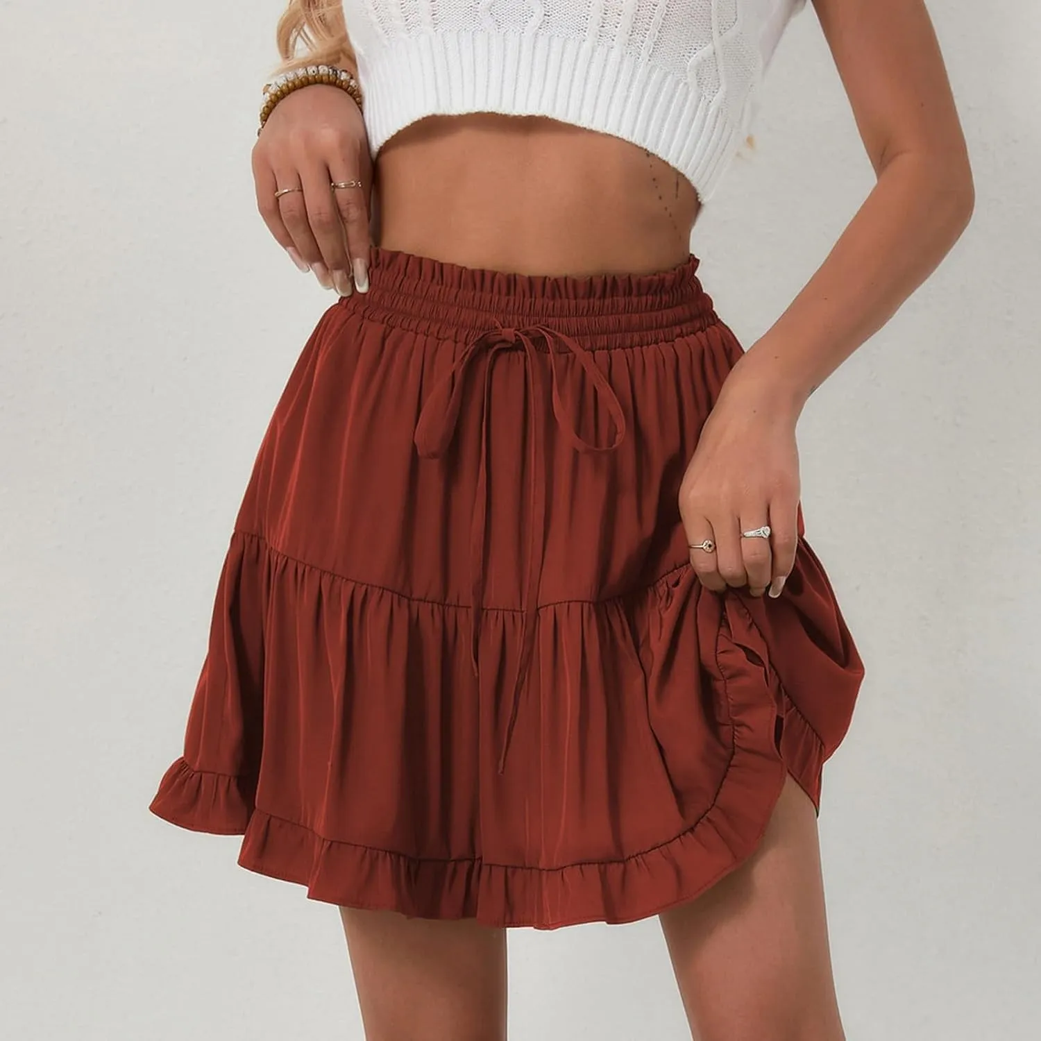 Flowy Shorts for Women Boho Ruffled Tiered Swing Beach Skorts Drawstring High Waisted Tennis Golf Y2K Short Skirt