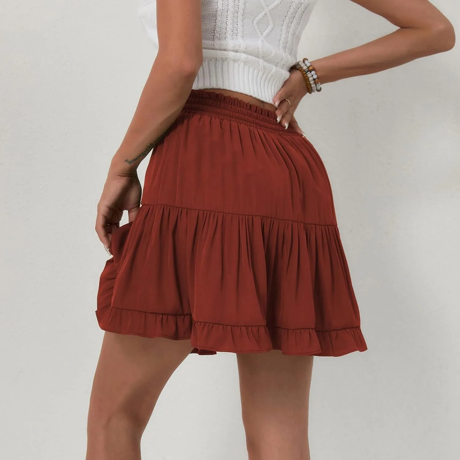 Flowy Shorts for Women Boho Ruffled Tiered Swing Beach Skorts Drawstring High Waisted Tennis Golf Y2K Short Skirt