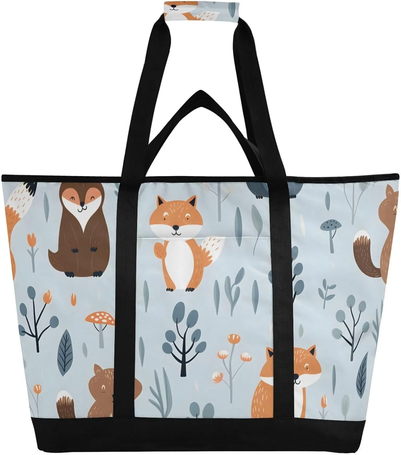 Forest Animals Pattern Large Insulated Cooler Bag with PEVA Lining Insulation - Premium, Collapsible Cooler Makes a Perfect Insulated Grocery Bag, Food Delivery Bag, Travel Bag, Beach or