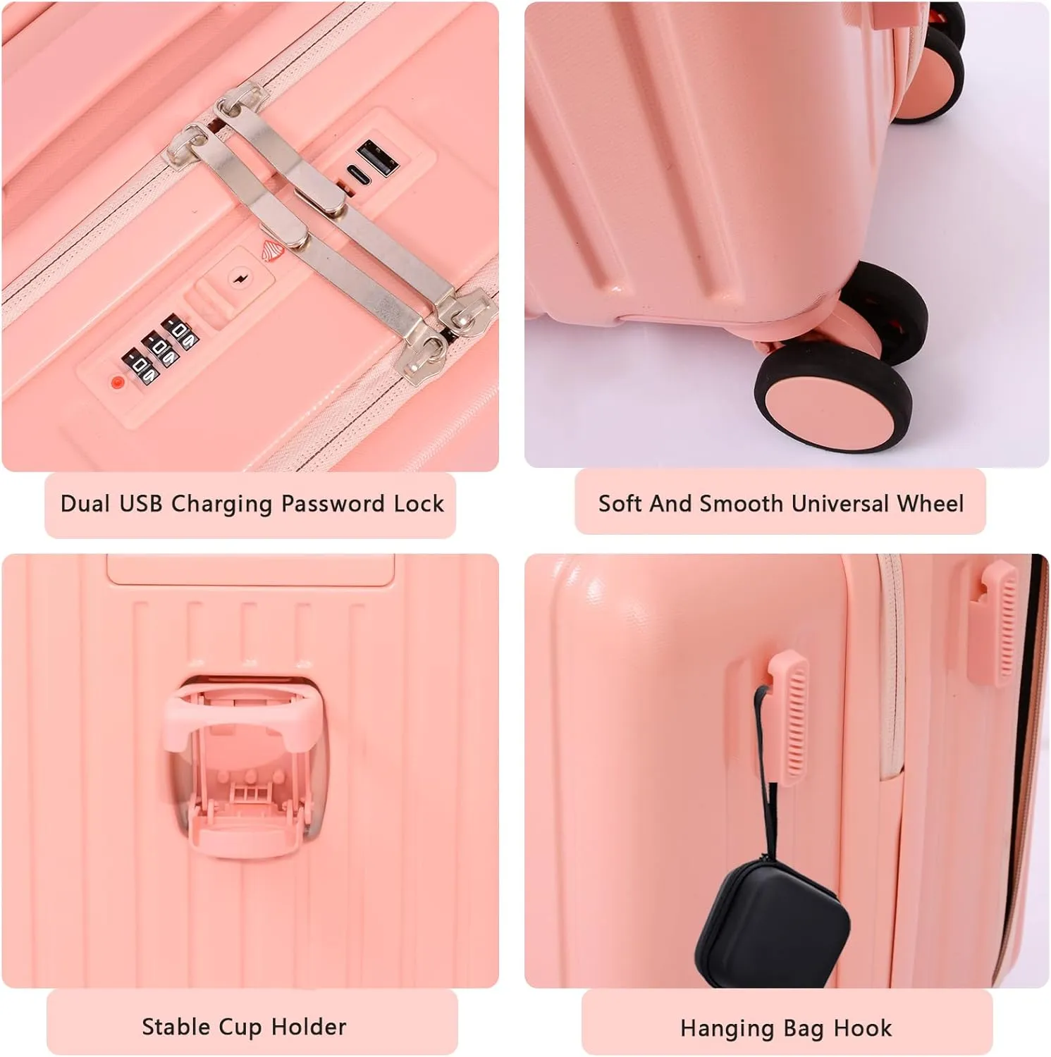 Front Pocket Luggage, Carry-on Luggage with Spinner Wheels, Suitcase with Cup Holder, USB Port, Laptop Compartment (Pink, Carry-On 24-Inch)