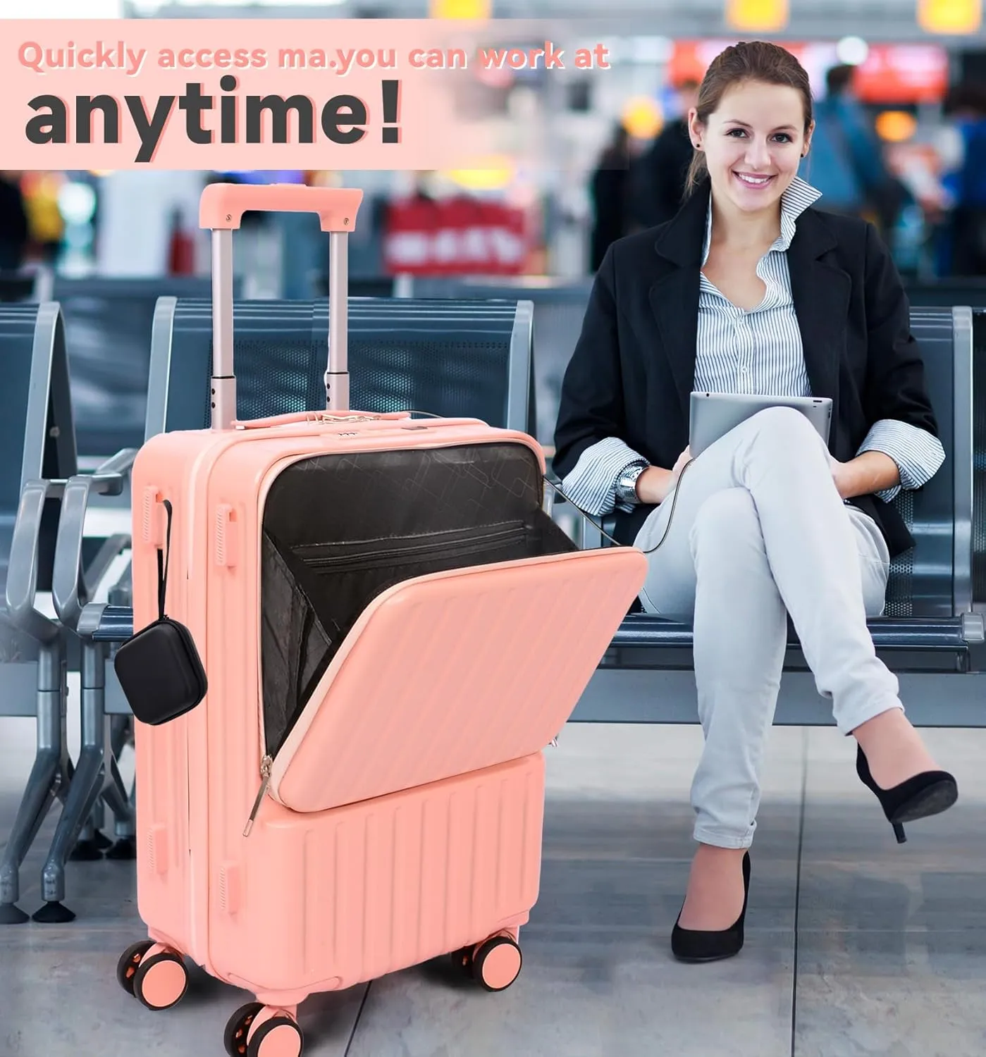 Front Pocket Luggage, Carry-on Luggage with Spinner Wheels, Suitcase with Cup Holder, USB Port, Laptop Compartment (Pink, Carry-On 24-Inch)