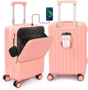 Front Pocket Luggage, Carry-on Luggage with Spinner Wheels, Suitcase with Cup Holder, USB Port, Laptop Compartment (Pink, Carry-On 24-Inch)