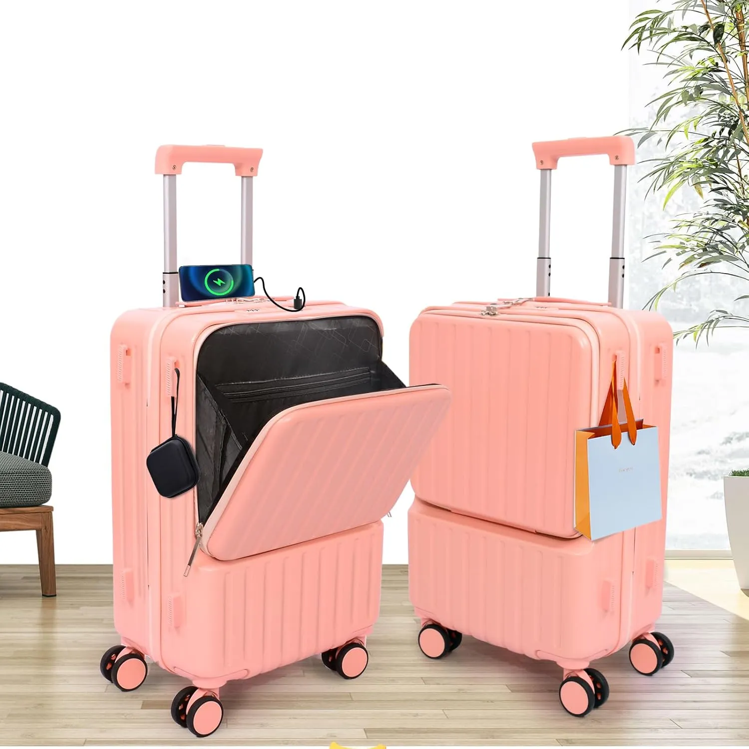 Front Pocket Luggage, Carry-on Luggage with Spinner Wheels, Suitcase with Cup Holder, USB Port, Laptop Compartment (Pink, Carry-On 24-Inch)