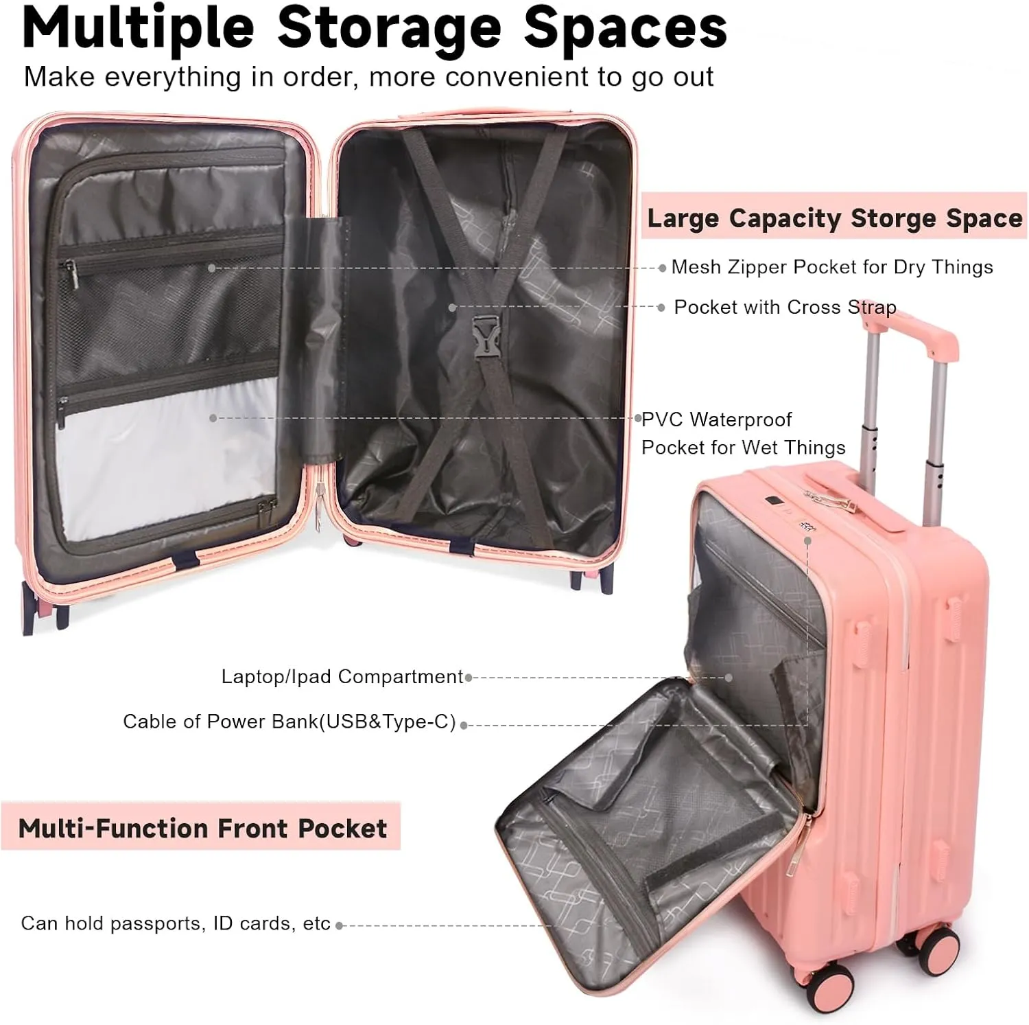 Front Pocket Luggage, Carry-on Luggage with Spinner Wheels, Suitcase with Cup Holder, USB Port, Laptop Compartment (Pink, Carry-On 24-Inch)