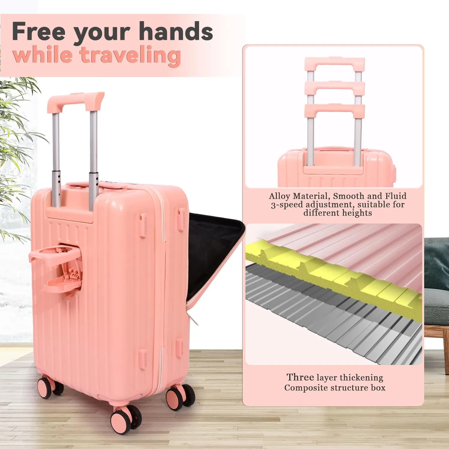 Front Pocket Luggage, Carry-on Luggage with Spinner Wheels, Suitcase with Cup Holder, USB Port, Laptop Compartment (Pink, Carry-On 24-Inch)