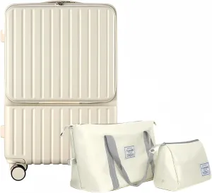 Front Pocket Luggage with Bag Set of 3, Carry-on with Spinner Wheels, Travel Case with Cup Holder and USB Port (White Bag, Carry-On 20-Inch)