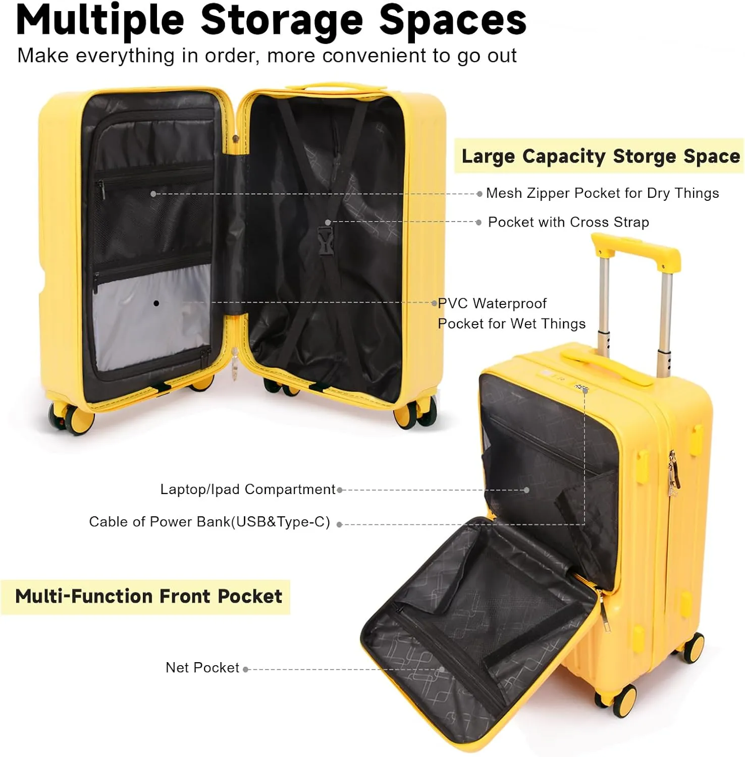 Front Pocket Luggage with Bag Set of 3, Carry-on with Spinner Wheels, Travel Case with Cup Holder and USB Port (White Bag, Carry-On 24-Inch)
