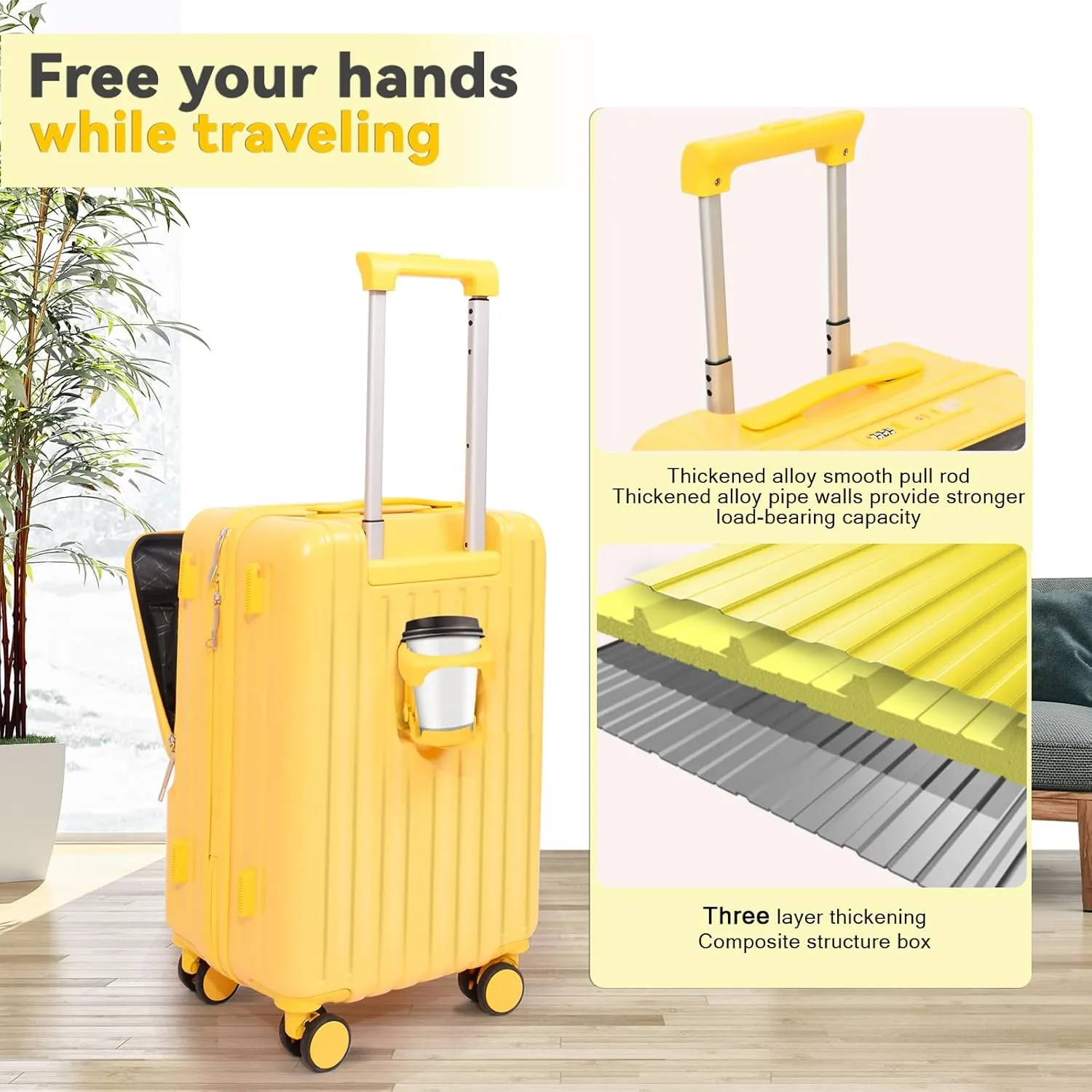 Front Pocket Luggage with Bag Set of 3, Carry-on with Spinner Wheels, Travel Case with Cup Holder and USB Port (White Bag, Carry-On 24-Inch)