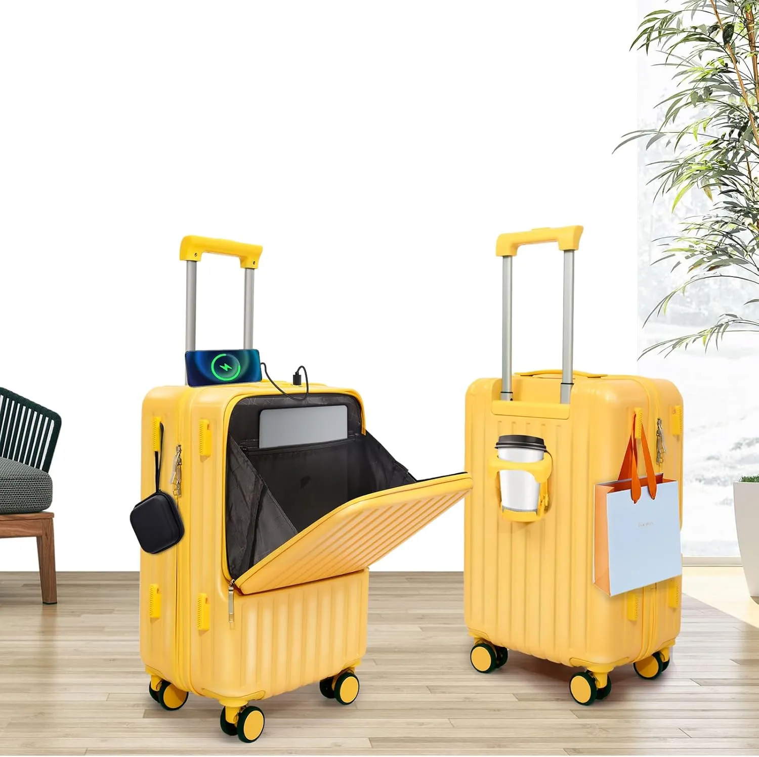 Front Pocket Luggage with Bag Set of 3, Carry-on with Spinner Wheels, Travel Case with Cup Holder and USB Port (White Bag, Carry-On 24-Inch)