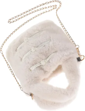 Gatuida Novelty Handbag Faux Fur Fuzzy Tote Bag for Women Plush Purse Furry Shoulder Bag Chinese Style Chain Bag Small Bucket Bag
