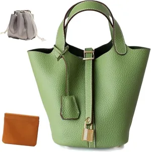 Genuine Leather Lock Design Bucket Bag Vegetable Basket Stylish Purse for Work Travel Daily Outfits