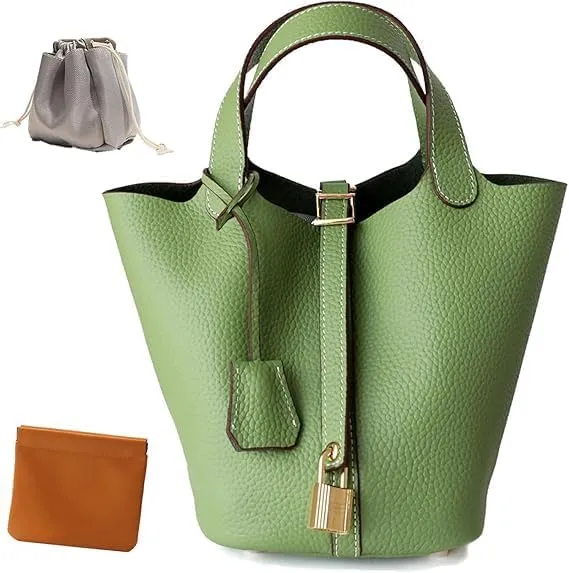 Genuine Leather Lock Design Bucket Bag Vegetable Basket Stylish Purse for Work Travel Daily Outfits