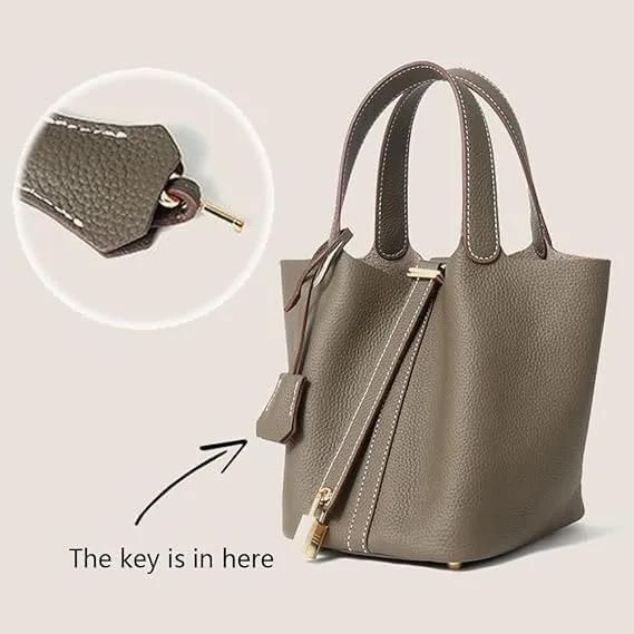 Genuine Leather Lock Design Bucket Bag Vegetable Basket Stylish Purse for Work Travel Daily Outfits