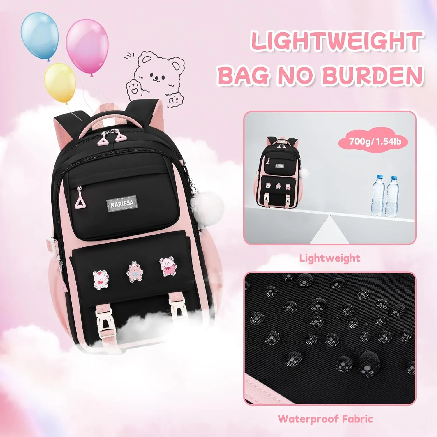 Girls Backpack, Kids Backpack for Girls with Anti-theft Back Pocket, Lightweight School Back pack, Watrer Resistant, Bookbag for Elementary Primary School, Black Pink
