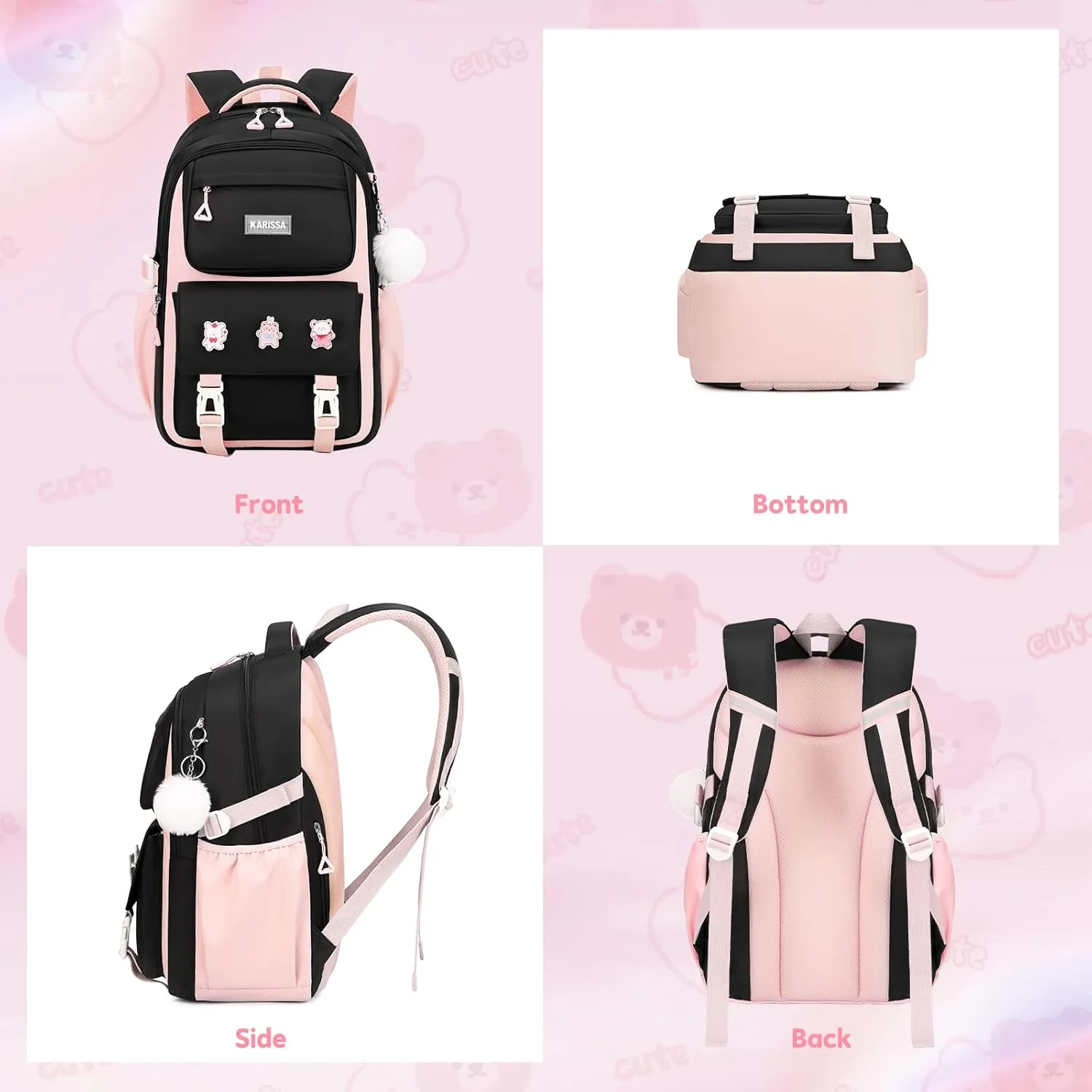 Girls Backpack, Kids Backpack for Girls with Anti-theft Back Pocket, Lightweight School Back pack, Watrer Resistant, Bookbag for Elementary Primary School, Black Pink
