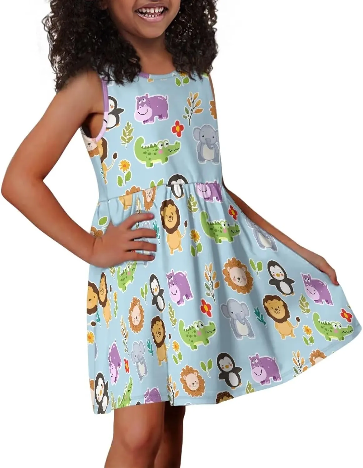 Girls Cute Print Dress with Pockets Swing Loose Fit Sleeveless Summer Mini Twirly Dress for Girls