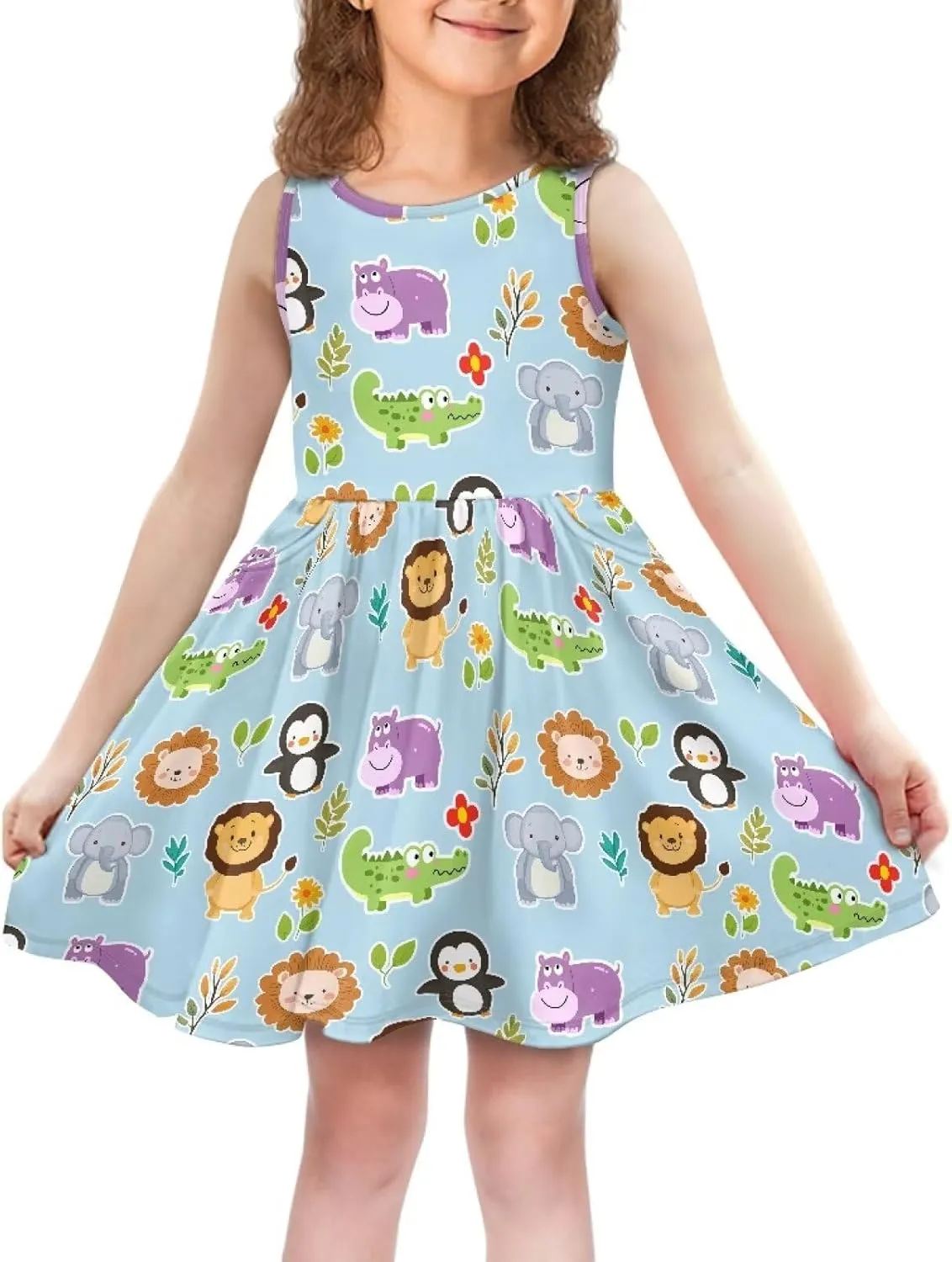 Girls Cute Print Dress with Pockets Swing Loose Fit Sleeveless Summer Mini Twirly Dress for Girls