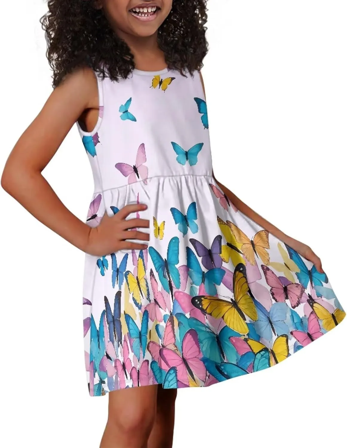 Girls Cute Print Dress with Pockets Swing Loose Fit Sleeveless Summer Mini Twirly Dress for Girls