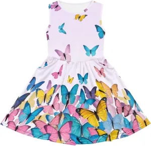 Girls Cute Print Dress with Pockets Swing Loose Fit Sleeveless Summer Mini Twirly Dress for Girls