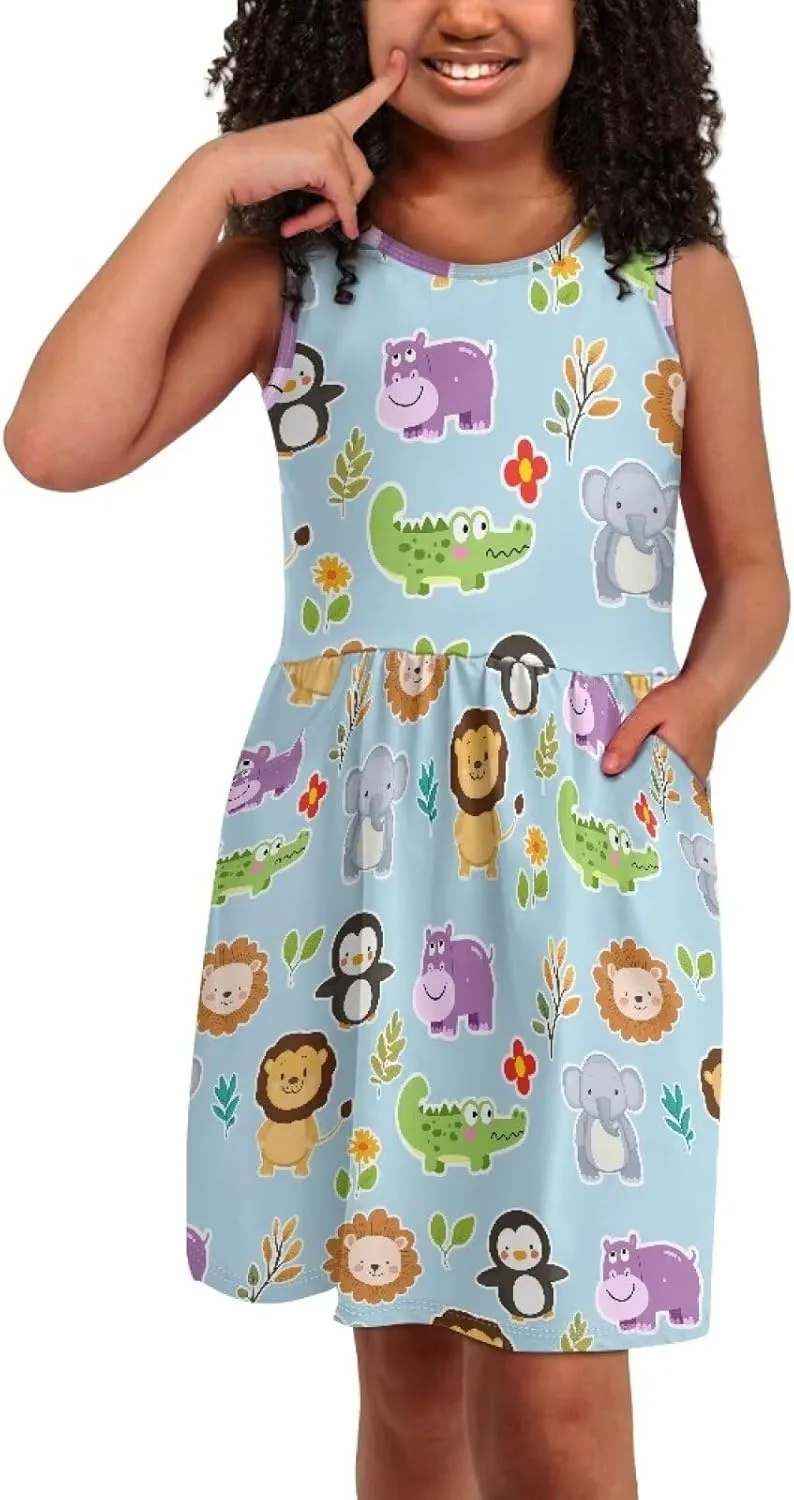 Girls Cute Print Dress with Pockets Swing Loose Fit Sleeveless Summer Mini Twirly Dress for Girls