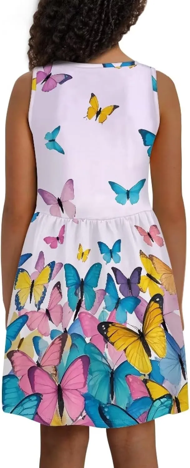 Girls Cute Print Dress with Pockets Swing Loose Fit Sleeveless Summer Mini Twirly Dress for Girls