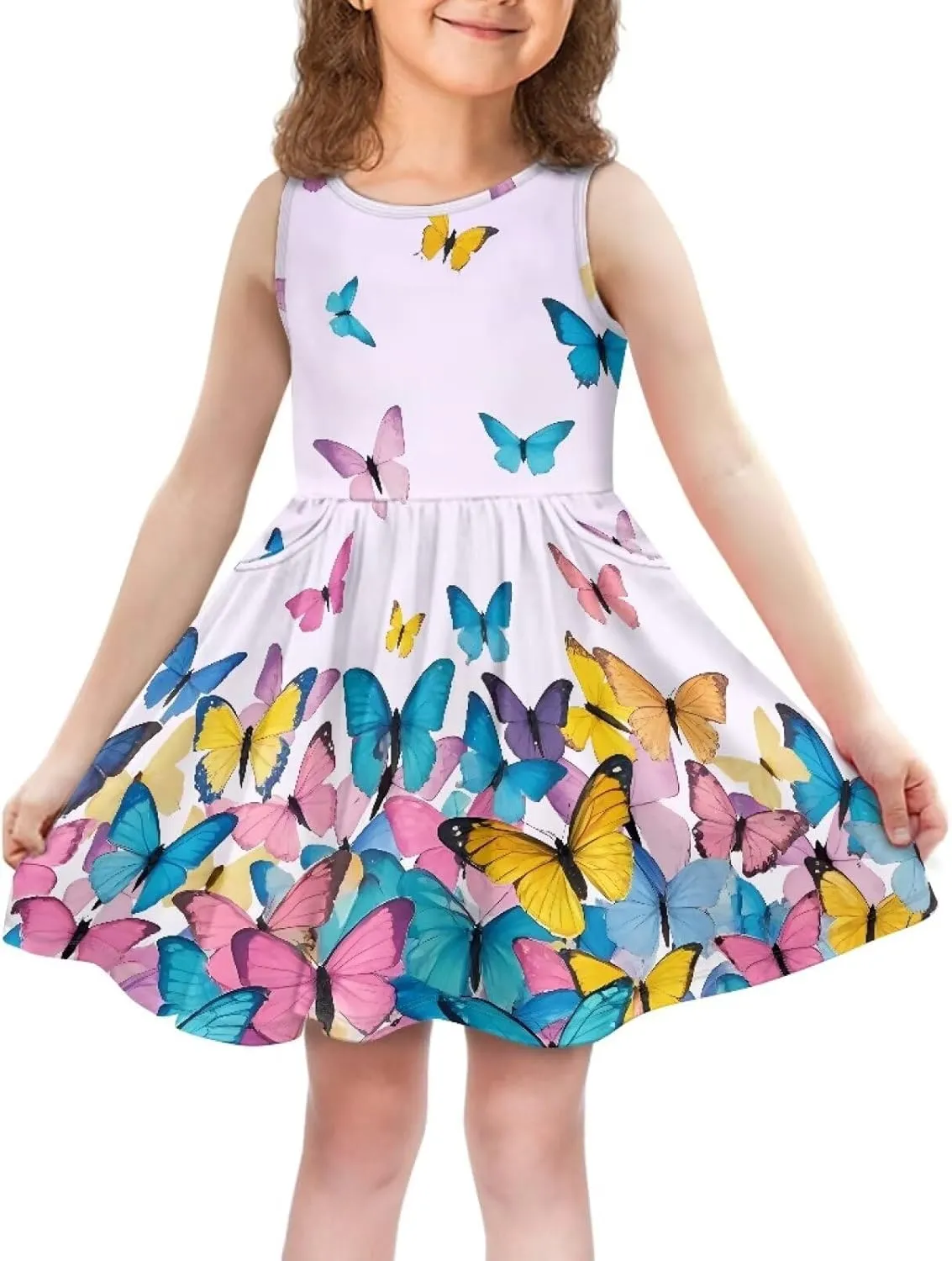 Girls Cute Print Dress with Pockets Swing Loose Fit Sleeveless Summer Mini Twirly Dress for Girls