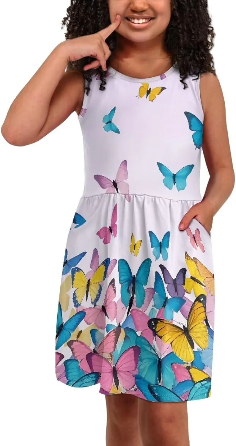 Girls Cute Print Dress with Pockets Swing Loose Fit Sleeveless Summer Mini Twirly Dress for Girls