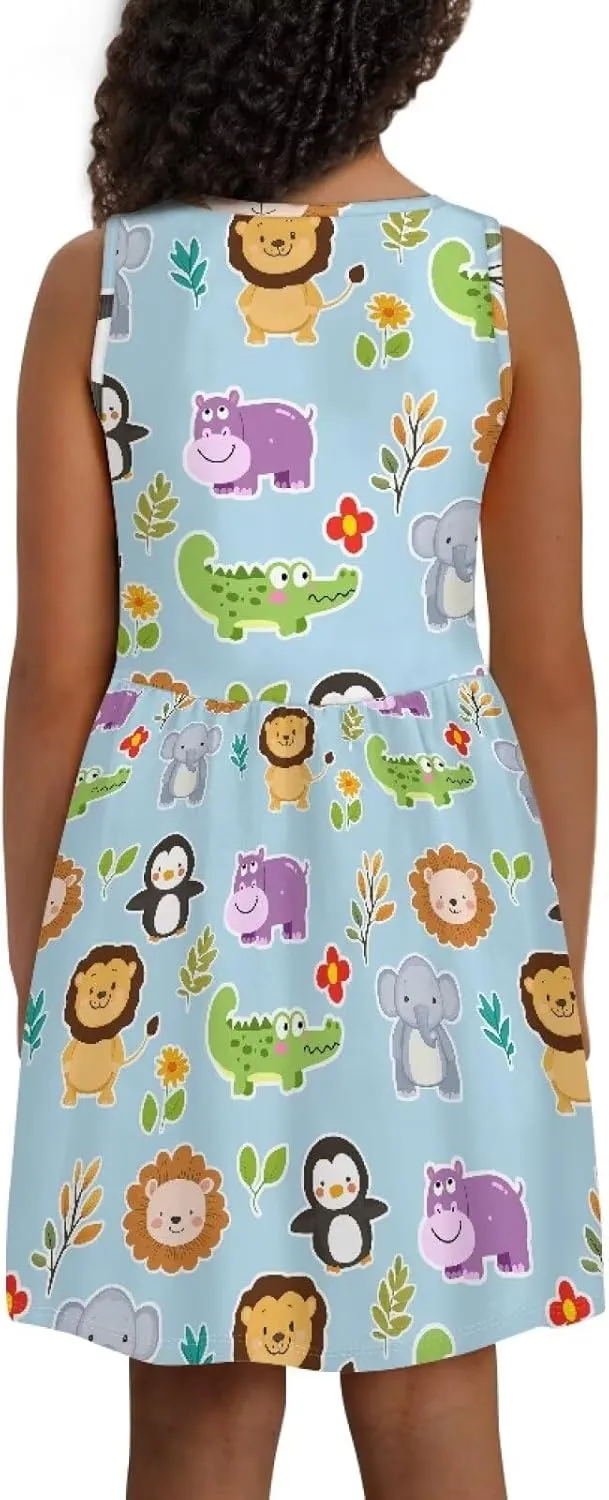 Girls Cute Print Dress with Pockets Swing Loose Fit Sleeveless Summer Mini Twirly Dress for Girls