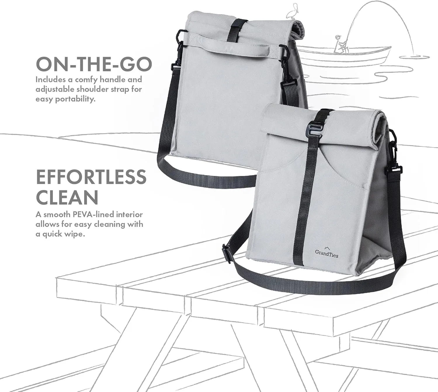 GRANDTIES Insulated Lunch Bag for Women, Men, Adults - Rolltop Leak Proof Meal Prep Lunch Box Containers, Reusable Snack Bags, Travel Cooler, Small Soft Cooler Bag, Fold Top Sandwich Bags, Grey