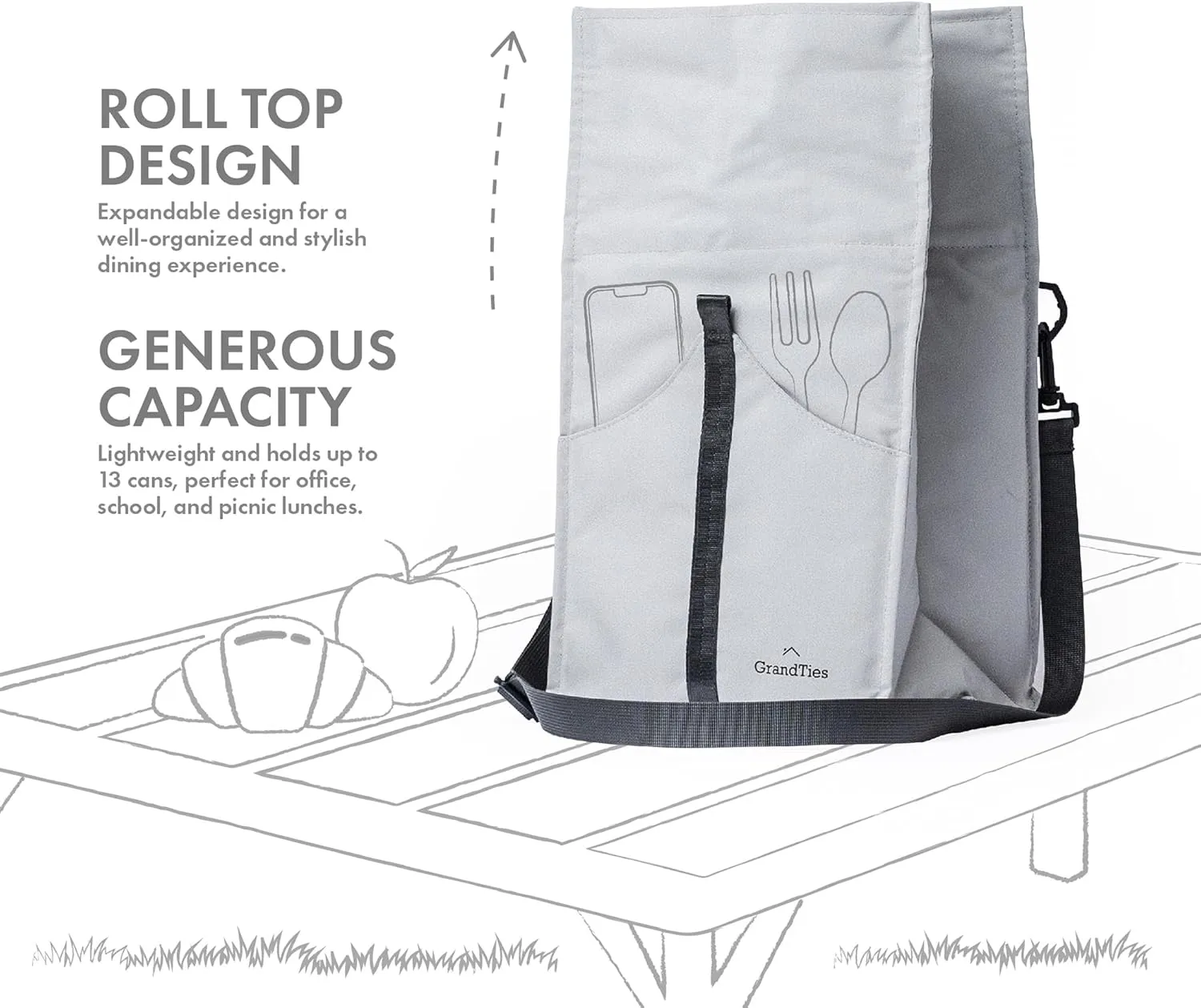 GRANDTIES Insulated Lunch Bag for Women, Men, Adults - Rolltop Leak Proof Meal Prep Lunch Box Containers, Reusable Snack Bags, Travel Cooler, Small Soft Cooler Bag, Fold Top Sandwich Bags, Grey