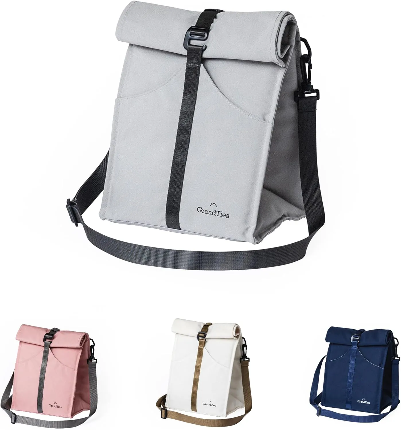 GRANDTIES Insulated Lunch Bag for Women, Men, Adults - Rolltop Leak Proof Meal Prep Lunch Box Containers, Reusable Snack Bags, Travel Cooler, Small Soft Cooler Bag, Fold Top Sandwich Bags, Grey