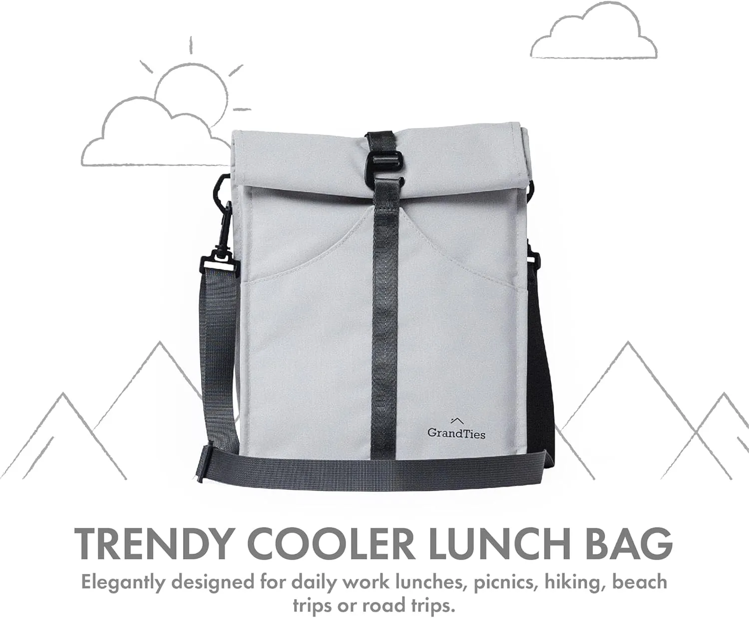 GRANDTIES Insulated Lunch Bag for Women, Men, Adults - Rolltop Leak Proof Meal Prep Lunch Box Containers, Reusable Snack Bags, Travel Cooler, Small Soft Cooler Bag, Fold Top Sandwich Bags, Grey