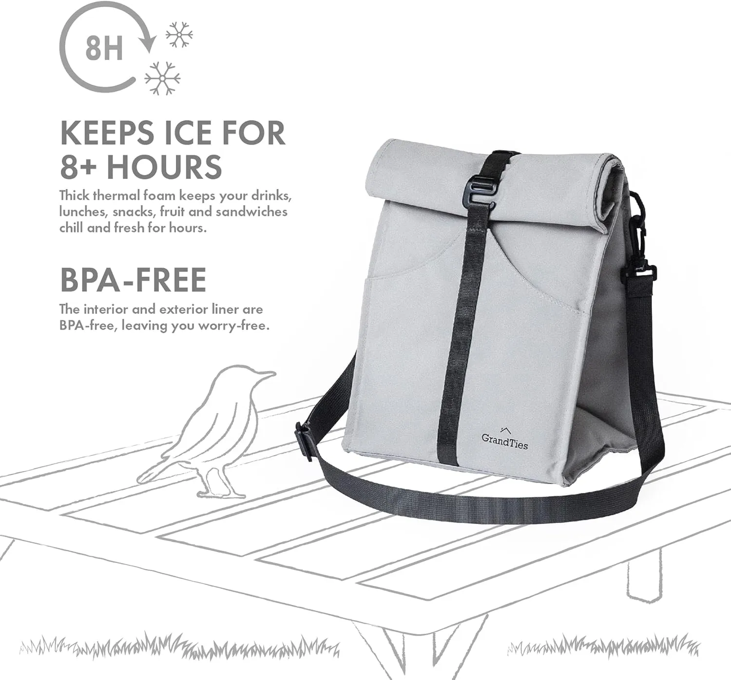 GRANDTIES Insulated Lunch Bag for Women, Men, Adults - Rolltop Leak Proof Meal Prep Lunch Box Containers, Reusable Snack Bags, Travel Cooler, Small Soft Cooler Bag, Fold Top Sandwich Bags, Grey