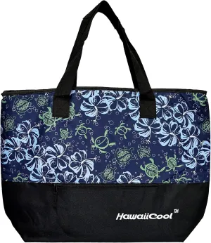 Hawaiian Print Large Insulated Cooler Tote Bag 245 (Honu Family - Navy)