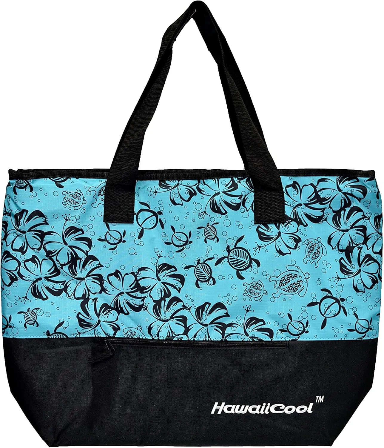Hawaiian Print Large Insulated Cooler Tote Bag 245 (Honu Family - Teal/Black)