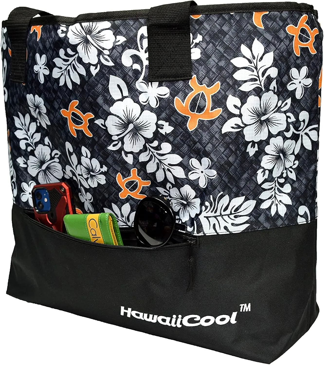 Hawaiian Print Large Insulated Cooler Tote Bag 245 (Honu Lauhala - Purple)