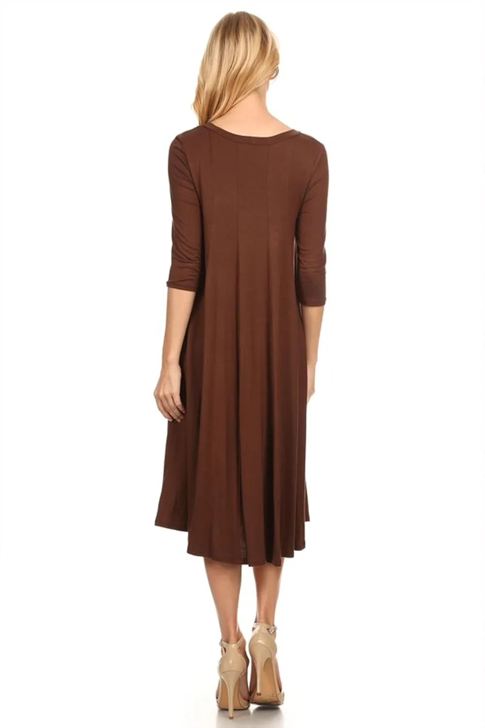 HEO CLOTHING Women's Relaxed Fit 3/4 Sleeve Round Neck Jersey Knit A-Line Solid Maxi Dress
