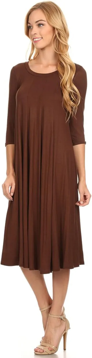 HEO CLOTHING Women's Relaxed Fit 3/4 Sleeve Round Neck Jersey Knit A-Line Solid Maxi Dress